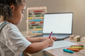 Fototapeta premium Home school, blank computer and girl writing in a study notebook learning for child development. Online eduction, technology and kid working with a pencil on a pc student app for education in a house