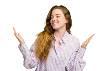 Young caucasian redhead woman isolated joyful laughing a lot. Happiness concept.