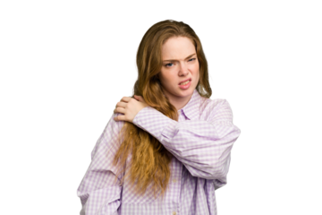 Young caucasian redhead woman isolated having a shoulder pain.