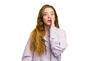 Young caucasian redhead woman isolated is saying a secret hot braking news and looking aside