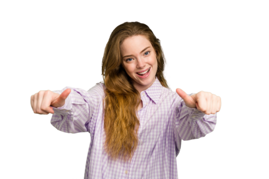 Young caucasian redhead woman isolated raising both thumbs up, smiling and confident.