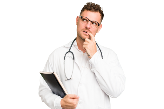 Young doctor caucasian man holding a book isolated relaxed thinking about something looking at a copy space.