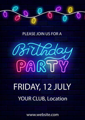 Obraz premium Birthday party neon invitation. Light bulbs garland on brick wall. Vertical poster template. Vector stock illustration