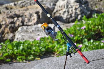 沖縄の海で釣りをする人の釣り竿