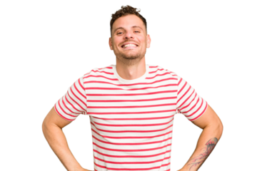 Young caucasian handsome man isolated confident keeping hands on hips.