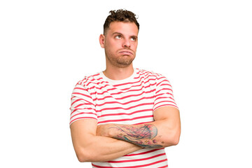 Obraz premium Young caucasian handsome man isolated tired of a repetitive task.