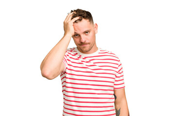 Obraz premium Young caucasian handsome man isolated tired and very sleepy keeping hand on head.