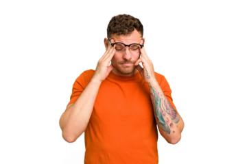 Young caucasian handsome man isolated touching temples and having headache.