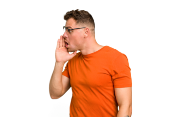 Young caucasian handsome man isolated is saying a secret hot braking news and looking aside