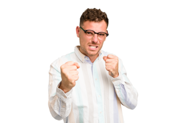 Young caucasian handsome man isolated showing fist to camera, aggressive facial expression.