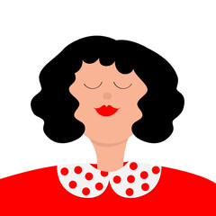 Portrait of woman. Young girl face. Beautiful lady, female. Brunette hairstyle. Black hair. Avatar for social networks. Cute cartoon funny character. Red lips. Flat design. White background.