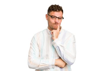 Young caucasian handsome man isolated unhappy looking in camera with sarcastic expression.