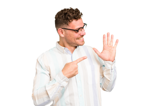 Young caucasian handsome man isolated smiling cheerful showing number five with fingers.