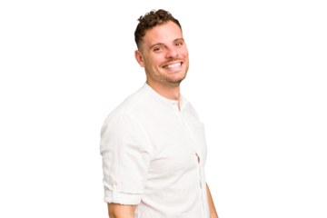 Young caucasian handsome man isolated confident keeping hands on hips.