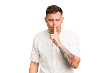 Young caucasian handsome man isolated keeping a secret or asking for silence.
