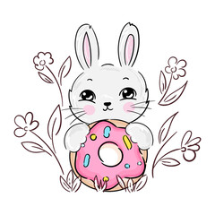 Cartoon cute baby animal girl Bunny print with pink donut