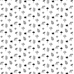 Black and white floral pattern, transparent background.