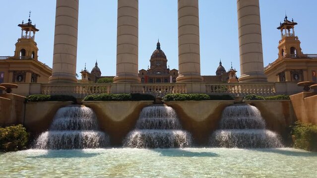 The National Palace, stairs, fountain and columns, Barcelona, Spain