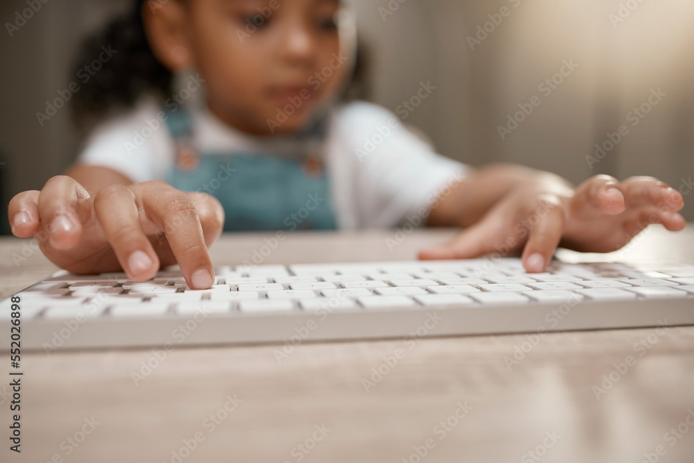 Poster hands, keyboard and education with a student girl typing while remote or distance learning from home