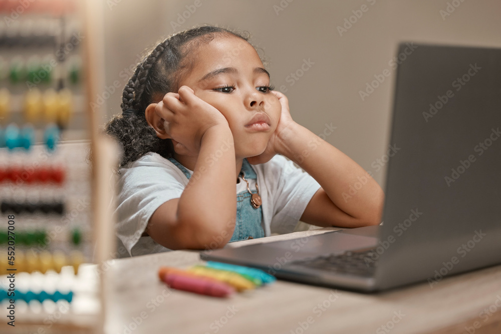 Poster Sad, education and child with laptop for school, studying online and listening on a video call class from home. Tired, adhd and bored girl with a computer for learning problem and e learning
