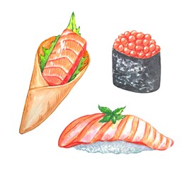 Asian food clipart. Roll with salmon, sushi, watercolor illustration