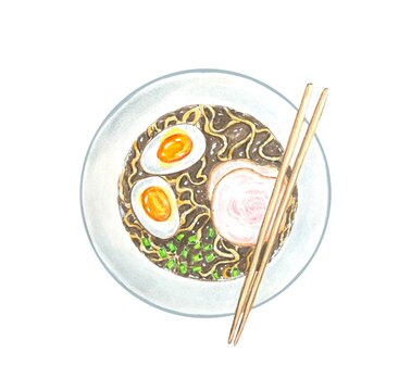 Asian food. Ramen , watercolor illustration