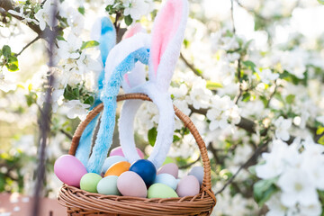 a basket with painted eggs and rabbit ears, Easter. Celebrating Easter at spring. Painting eggs.