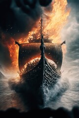 Viking ship sailing on a stormy sea, flames in the background, Generative AI