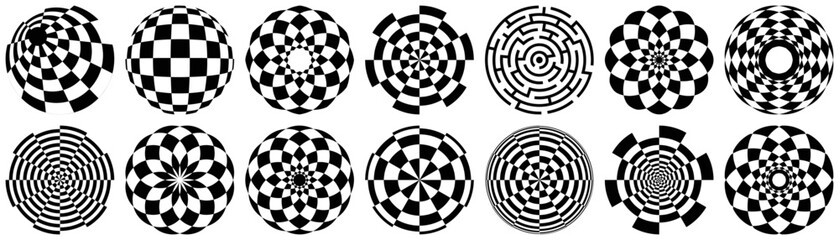 Optical illusion mix vectors collection. Set of circular op art elements. Group of isolated geometric illusion effects.