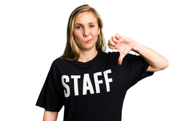Young caucasian staff woman isolated showing a dislike gesture, thumbs down. Disagreement concept.