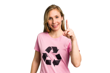 Young caucasian woman wearing a recycling t-shirt isolated showing number one with finger.