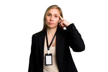 Young caucasian business woman with ID card isolated pointing temple with finger, thinking, focused on a task.
