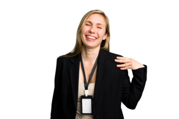 Young caucasian business woman with ID card isolated laughs out loudly keeping hand on chest.