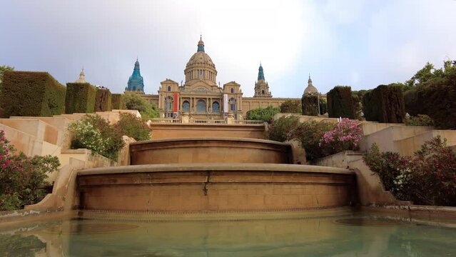 The National Palace, stairs, fountain and columns, Barcelona, Spain