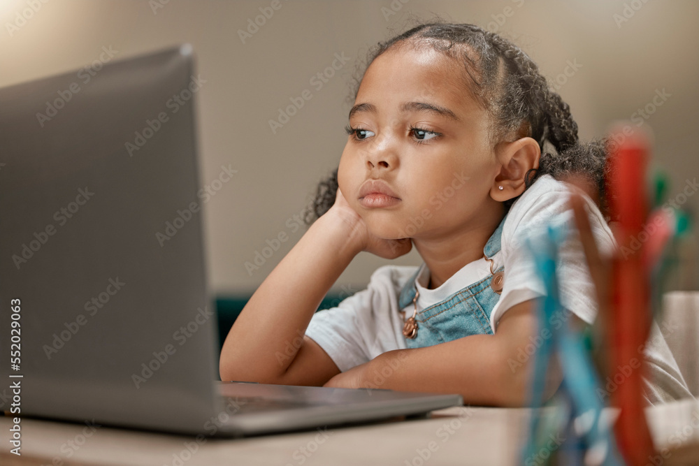 Poster homework, laptop and bored child distance learning from home looking unhappy with education. connect