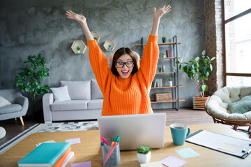 Photo of excited crazy lady secretary ceo raise hands rejoice hooray celebrate achievement...