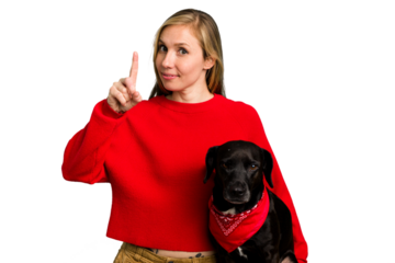 Young caucasian woman and her dog isolated showing number one with finger.