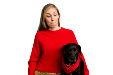 Young caucasian woman and her dog isolated confused, feels doubtful and unsure.