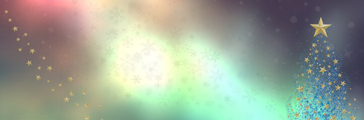 夜空のオーロラにキラキラと舞う結晶ととクリスマスツリー