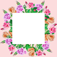 Pink frame with watercolor roses