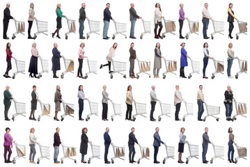 group of people with cart looking at camera isolated