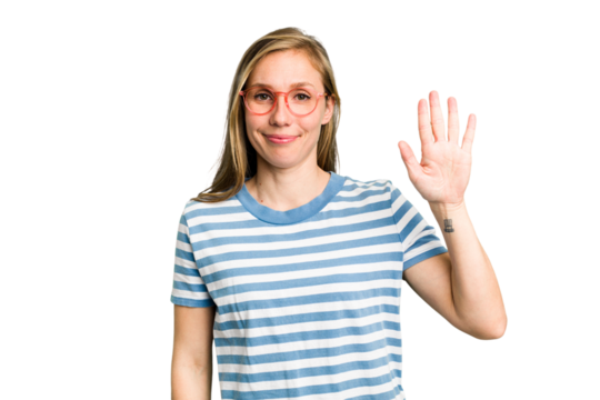 Young caucasian woman cutout isolated smiling cheerful showing number five with fingers.
