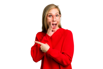 Young caucasian woman cutout isolated saying a gossip, pointing to side reporting something.