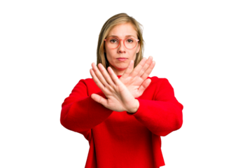 Young caucasian woman cutout isolated standing with outstretched hand showing stop sign, preventing you.