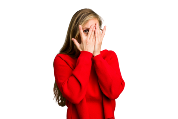 Young caucasian woman cutout isolated blink through fingers frightened and nervous.