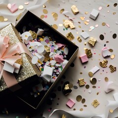 A beautiful gift box, surrounded by gold glitter. 