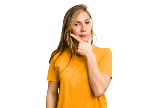 Young caucasian woman cutout isolated contemplating, planning a strategy, thinking about the way of a business.