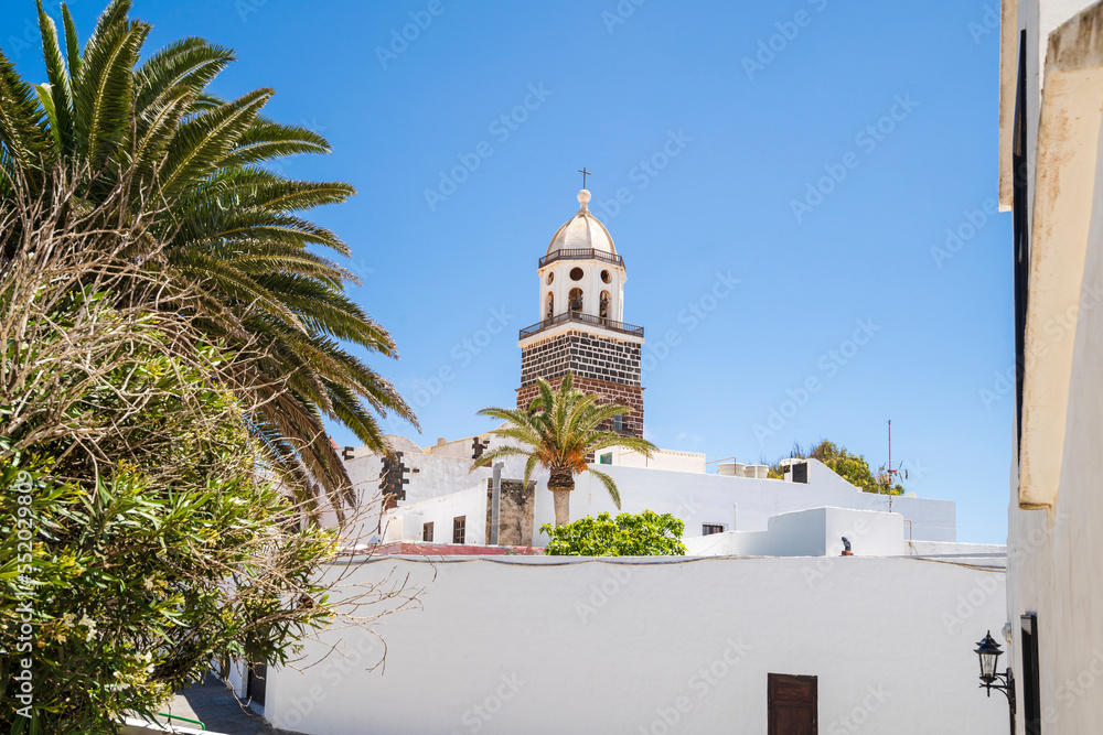 Sticker old, stone church - the main landmark of historic teguise, lanzarote, canary islands, spain