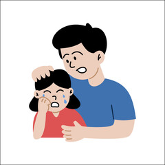 Obraz premium Father soothes crying daughter. Cute cartoon characters isolated on white background. Colorful vector illustration in flat style.