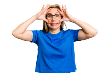 Young caucasian woman cutout isolated keeping eyes opened to find a success opportunity.